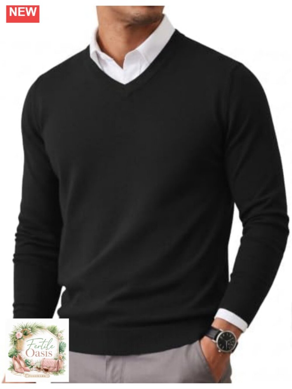 Men's V-Neck Knit Pullover Sweater Slim Fit Long Sleeve